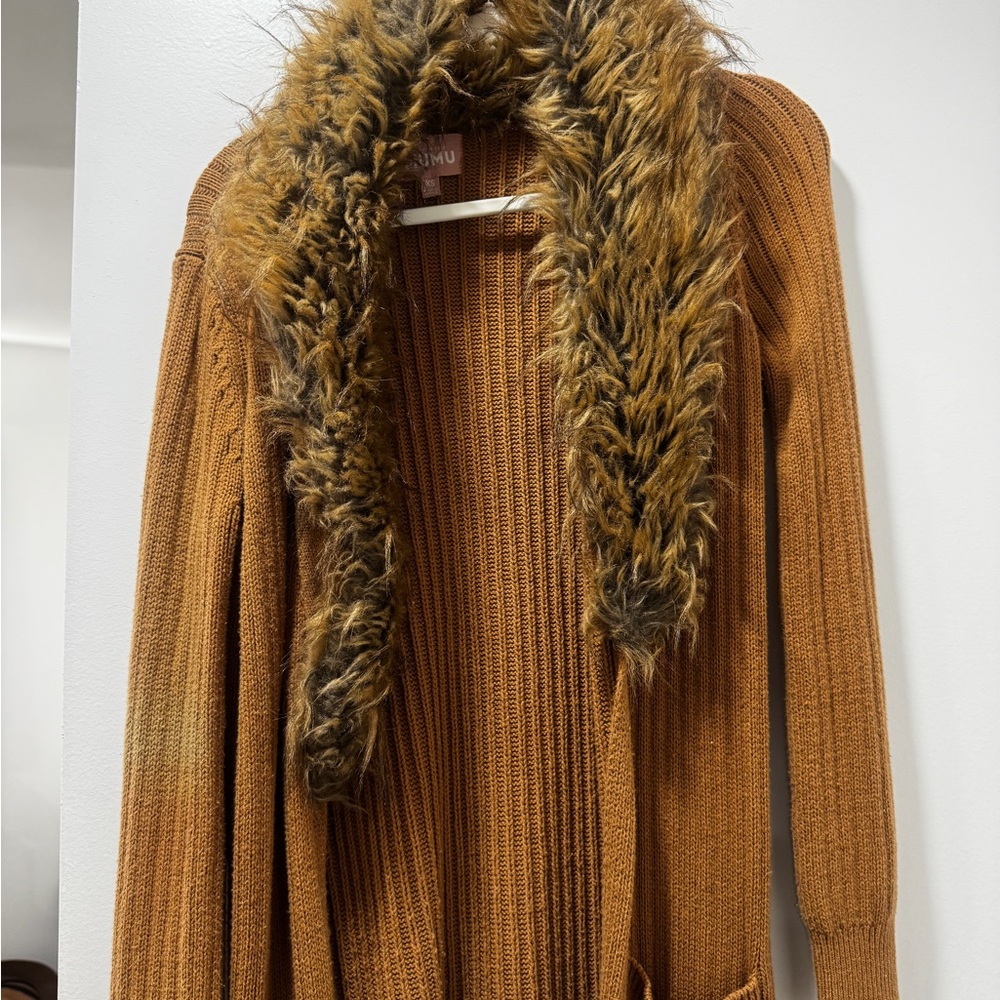 Show Me Your Mimu Brown Sweater with Faux Fur Collar